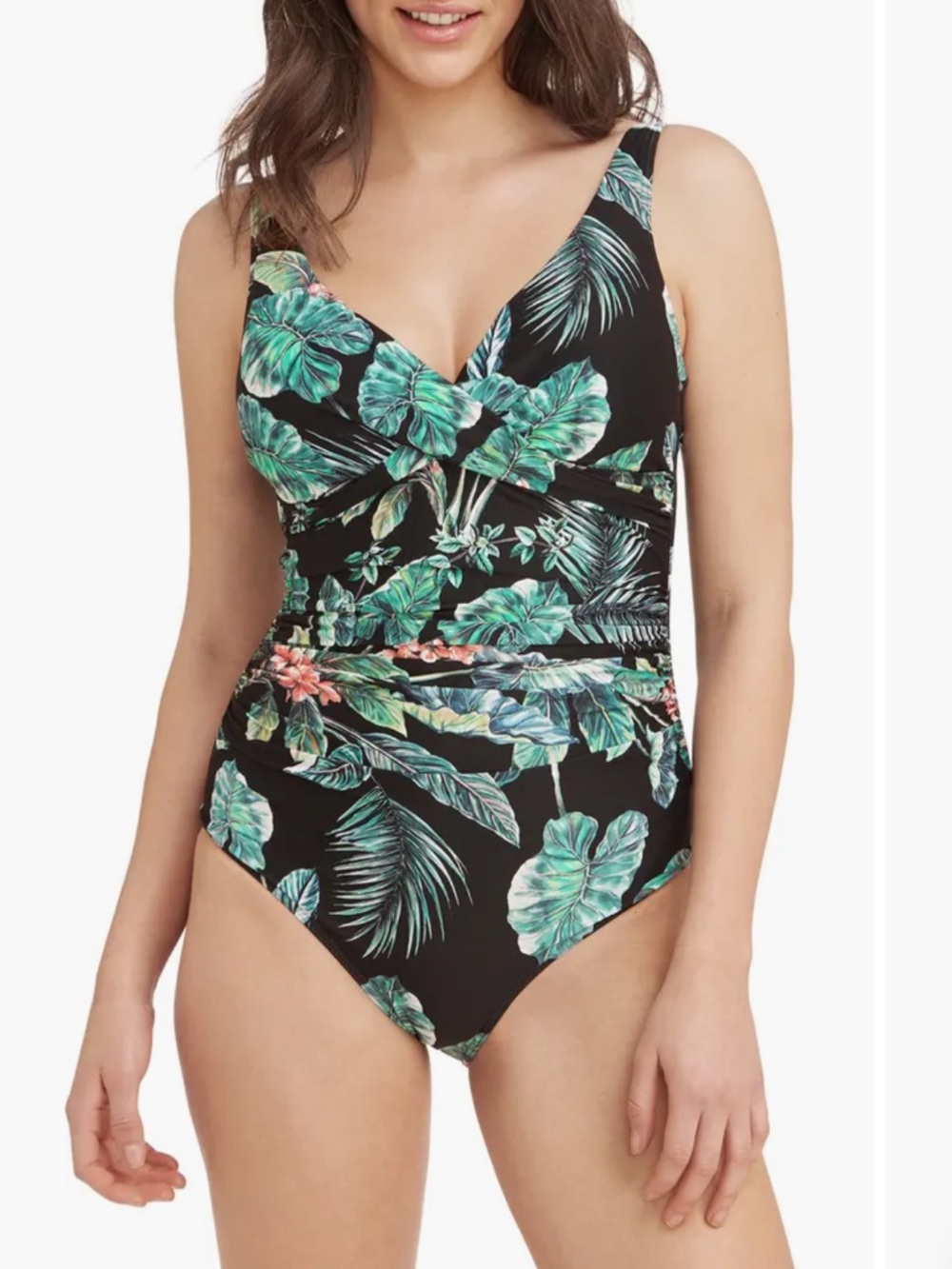 Sea level Tropical Black One-Piece Swimsuit with Green Leaf Print